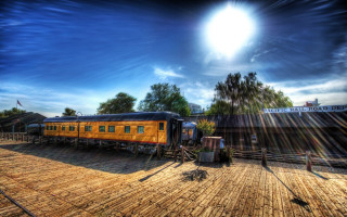 Train fence trees sky sun - hdri free wallpaper