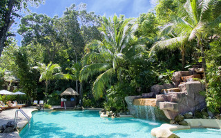 Waterfall pool forest rocks blue - lush free wallpaper for desktop