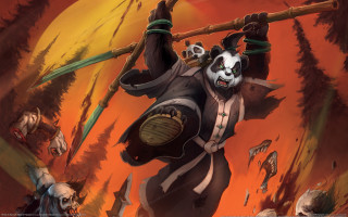 Panda forest orange sky furry - other animal free wallpaper