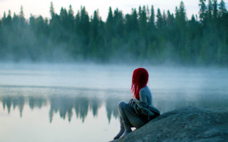 Woman lake fog forest redhair - fog in the air and trees free wallpaper