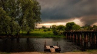 Boat river bridge ducks cloudy - gloomy atmosphere free wallpaper