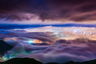 City lights clouds mist horizon - mist free wallpaper
