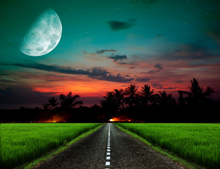 Full moon road mountains grass - a full moon in the distance free wallpaper