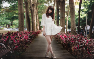 Woman white dress park wooden - behind her free wallpaper
