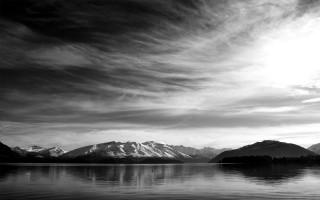 Lake mountains clouds trees landscape - monochrome free wallpaper