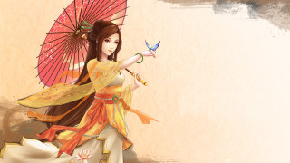Yellow dress woman pink umbrella - chen chun free wallpaper for desktop