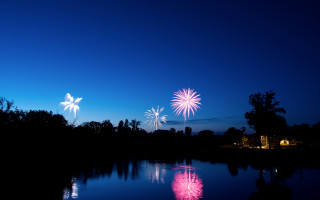 Fireworks lake night forest moon - a lake free wallpaper