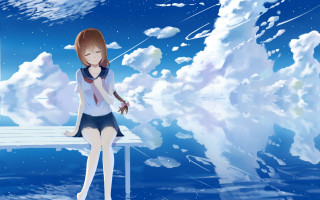 Girl clouds bench sky mountains - behind her free wallpaper