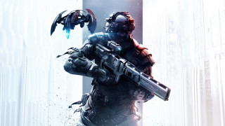 Futuristic man suit gun bird - game art free wallpaper for desktop
