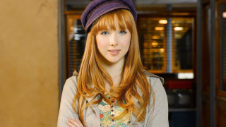 Red haired woman hat gray - a young woman free wallpaper
