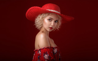 Red hat blonde portrait art - a red background behind her free wallpaper