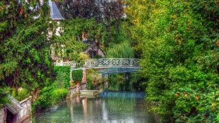 Bridge river trees bushes building - impressionist painting free wallpaper