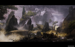 Mountain scene man rain foreground - a painting of a mountain scene free wallpaper