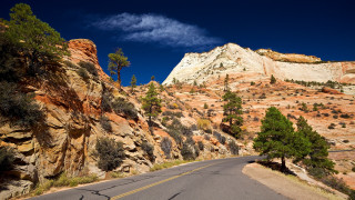 Mountain road trees sky landscape - a mountain in the background and trees free wallpaper