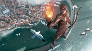 Fire torch man bird city - over a city free wallpaper