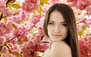 Woman long hair flowers portrait - a green eye free wallpaper