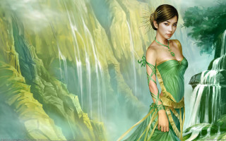 Woman green dress waterfall fantasy - a waterfall free wallpaper