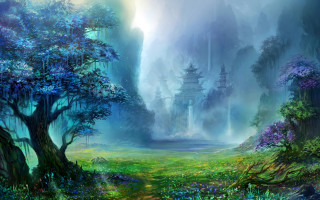 Fantasy forest waterfall mountains misty - christophe vacher free wallpaper