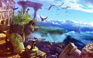 Cliff city sea birds fantasy - a painting of a man free wallpaper for desktop