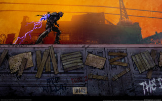 Robot ledge cityscape lightning graffiti - underground comix free wallpaper
