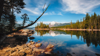 Lake trees rocks mountain sky - alson s. clark free wallpaper for desktop