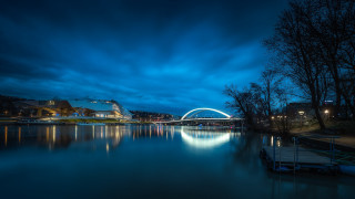Bridge river night clouds boat - ferenc joachim free wallpaper