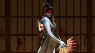 Woman white dress red mask - her hand and blood free wallpaper