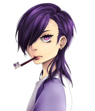 Girl purple hair cigarette drawing - free cyberpunk wallpaper for tablet