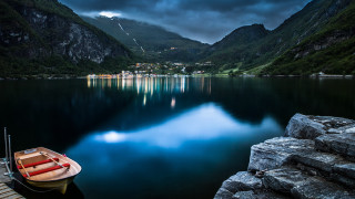 Lake mountains cloudy sky boat 2 - artur grottger free wallpaper