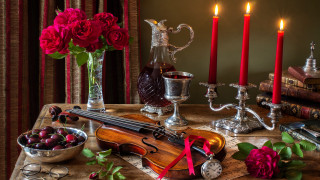 Violin roses cherries vase candle - a violin free wallpaper for desktop