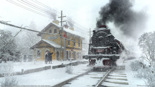 Train snow forest yellow building - a yellow building free wallpaper