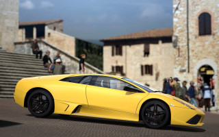 Yellow sports car building people - unreal free wallpaper