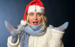 Surprised woman santa hat scarf - expression free wallpaper