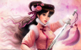 Woman sword pink dress cherry - chen chun free wallpaper for desktop