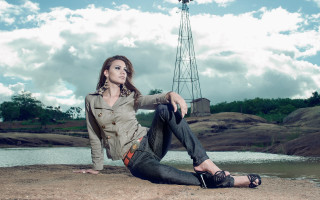 Woman lake windmill clouds fashion - the ground next free wallpaper for desktop