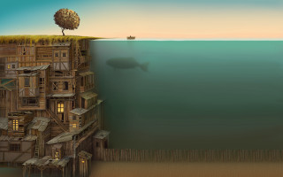 Cliffhouse tree shark surreal matte - surrealism free wallpaper for desktop