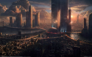 Futuristic city bridge sunset embers - a large city in the background free wallpaper