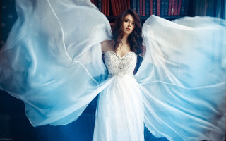 Woman white dress blue wings - her shoulder free wallpaper for desktop
