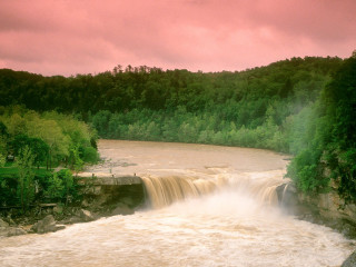 Waterfall red sky forest river - a large waterfall free wallpaper