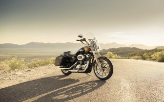 Motorcycle parked road mountains grass - american impressionism free wallpaper