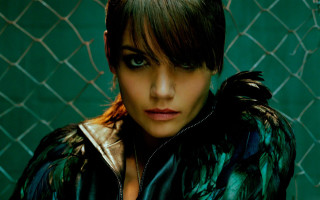 Woman gothic portrait chainlink fence - a green wall behind her free wallpaper