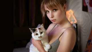 Woman cat bedroom curtains portrait - a curtain behind her free wallpaper