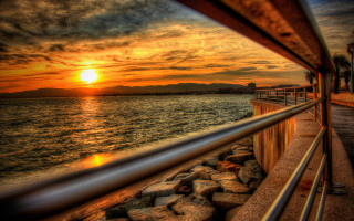 Sunset water pier mountains cinematic - arthur b. carles free wallpaper