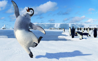Penguin jumping background snow beach - a penguin free wallpaper