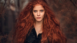 Red haired woman forest portrait 2 - long red hair free wallpaper
