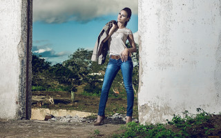 Woman doorway jacket denim outdoors - a jacket free wallpaper