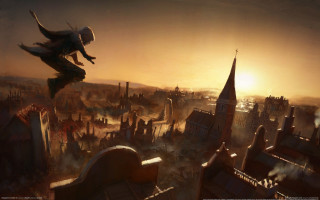 City rooftops bird sunset architecture - a painting of a city free wallpaper