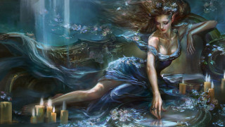 Woman blue dress candles mirror 2 - a fine art painting free wallpaper