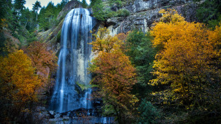 Waterfall autumn leaves forest nature - a waterfall free wallpaper