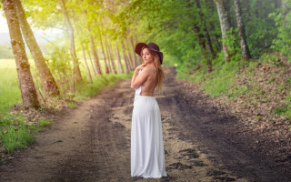 Woman white dress hat woods 2 - a dirt road free wallpaper for desktop